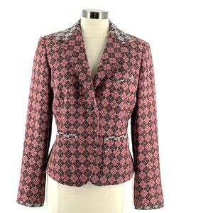 Bill Blass Vintage Y2K Diamond Plaid Cotton Wool Blend Pink Brown Blazer US8
